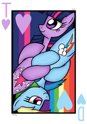 Size: 2480x3507 | Tagged: safe, artist:twidasher, rainbow dash, twilight sparkle, pegasus, pony, g4, duo, female, heart, high res, lesbian, playing card, ship:twidash, shipping