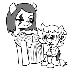 Size: 640x600 | Tagged: safe, artist:ficficponyfic, oc, oc only, oc:barber, oc:ruby rouge, pony, colt quest, child, clothes, cyoa, ear piercing, earring, female, filly, foal, jewelry, knife, mare, missing eye, monochrome, piercing, scar, smiling, story included