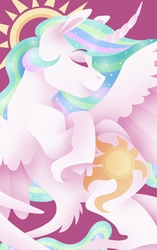 Size: 2051x3264 | Tagged: safe, artist:rachboo100, princess celestia, pony, g4, cloven hooves, curved horn, eyes closed, female, high res, horn, smiling, solo, unshorn fetlocks