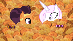 Size: 1366x768 | Tagged: safe, edit, fleur-de-lis, saffron masala, pony, unicorn, g4, awkward moment, chicken nugget, don't take it seriously, female, food, looking at each other, mare, nug life, silence