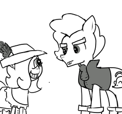 Size: 640x600 | Tagged: safe, artist:ficficponyfic, oc, oc only, earth pony, pony, rat, colt quest, bucktooth, clothes, cute, cutie mark, feather, foal, grin, hair over one eye, hat, male, monochrome, nervous, nervous smile, smiling, stallion, stare, story included, thief, toothy grin
