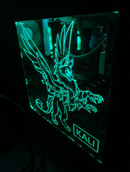 Size: 1031x1374 | Tagged: safe, artist:kalitech, artist:kez, oc, oc only, oc:kali, griffon, acrylic plastic, computer, craft, engraving, etching, led, side panel, spread wings, standing, talons, wings