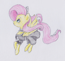 Size: 1038x986 | Tagged: safe, artist:marta4708, fluttershy, pony, g4, clothes, female, fluttermaid, looking up, maid, profile, simple background, solo, spread wings, traditional art, wings