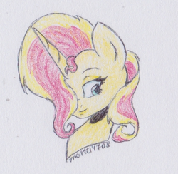 Size: 544x532 | Tagged: safe, artist:marta4708, sunset shimmer, pony, unicorn, g4, bust, female, hair over one eye, mare, portrait, solo, traditional art