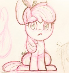 Size: 1223x1280 | Tagged: safe, artist:mn27, apple bloom, earth pony, pony, g4, female, filly, looking at you, monochrome, sketch, solo