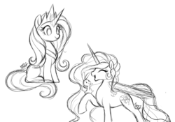 Size: 2554x1792 | Tagged: safe, artist:mn27, angel bunny, fluttershy, princess celestia, alicorn, pegasus, pony, rabbit, g4, accessory swap, alicornified, eyes closed, female, jewelry, laughing, male, mare, monochrome, race swap, raised hoof, simple background, sketch, smiling, tiara, trio, white background