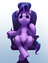 Size: 1400x1800 | Tagged: safe, artist:luciferamon, starlight glimmer, pony, unicorn, g4, :>, chair, cute, female, glimmerbetes, gradient background, looking at you, mare, sitting, smiling, solo, underhoof