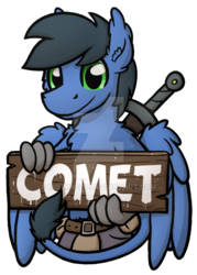 Size: 600x836 | Tagged: safe, artist:moemneop, oc, oc only, oc:comet, hippogriff, clothes, male, pants, sign, simple background, solo, sword, transparent background, watermark, weapon