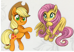 Size: 1280x890 | Tagged: safe, artist:mn27, applejack, fluttershy, earth pony, pegasus, pony, cowboy hat, cute, duo, female, gray background, hat, jackabetes, looking at you, mare, shyabetes, simple background, smiling