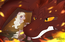 Size: 1280x839 | Tagged: safe, artist:rutkotka, dragon, pony, daenerys targaryen, drogon, female, fire, game of thrones, khaleesi, mare, ponified