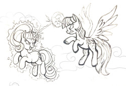 Size: 1280x874 | Tagged: safe, artist:mn27, starlight glimmer, twilight sparkle, alicorn, pony, unicorn, g4, the cutie re-mark, angry, duo, female, flying, glowing horn, horn, levitation, magic, mare, monochrome, self-levitation, sketch, telekinesis