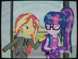 Size: 960x720 | Tagged: safe, edit, edited screencap, screencap, sci-twi, sunset shimmer, twilight sparkle, eqg summertime shorts, equestria girls, g4, monday blues, discovery family logo, shipping fuel, wet clothes, wet hair