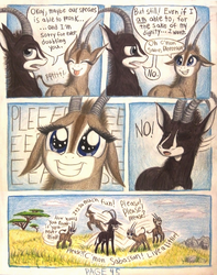 Size: 1048x1332 | Tagged: safe, artist:thefriendlyelephant, oc, oc only, oc:sabe, oc:uganda, antelope, giant sable antelope, comic:sable story, acacia tree, africa, animal in mlp form, annoyed, begging, cloven hooves, comic, cute, floppy ears, horns, mountain, playful, pleading, pronking, puppy dog eyes, rock, savanna, speech bubble, tongue out, traditional art