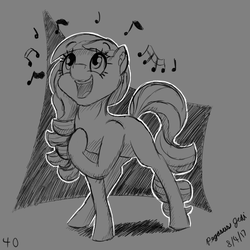 Size: 2000x2000 | Tagged: safe, artist:floofyfoxcomics, coloratura, earth pony, pony, g4, blank flank, female, grayscale, high res, looking up, monochrome, music notes, open mouth, rara, singing, sketch, smiling, solo