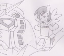 Size: 888x770 | Tagged: safe, artist:threetwotwo32232, derpy hooves, pony, g4, box gundam, cardboard box, clothes, cosplay, costume, female, gundam, monochrome, newbie artist training grounds, pencil drawing, solo, traditional art