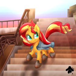 Size: 3000x3000 | Tagged: safe, artist:katakiuchi4u, sunset shimmer, pony, unicorn, g4, clothes, female, high res, looking back, mare, shoes, smiling, solo, stairs