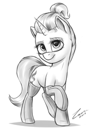 Size: 1184x1631 | Tagged: safe, artist:deltauraart, starlight glimmer, pony, unicorn, g4, alternate hairstyle, clothes, cute, female, glimmerbetes, grayscale, looking at you, mare, monochrome, simple background, smiling, solo, stockings, thigh highs, white background