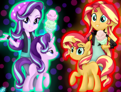 Size: 1900x1450 | Tagged: safe, artist:liniitadash23, starlight glimmer, sunset shimmer, pony, unicorn, equestria girls, equestria girls specials, g4, my little pony equestria girls: mirror magic, beanie, clothes, female, food, hat, ice cream, jacket, looking at you, mare, missing cutie mark, raised hoof, shirt, show accurate, vest