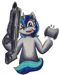 Size: 1320x1671 | Tagged: safe, artist:mr.candy_owo, oc, oc only, oc:cappie, pony, gun, magazine, pancor jackhammer, shotgun, simple background, solo, traditional art, weapon
