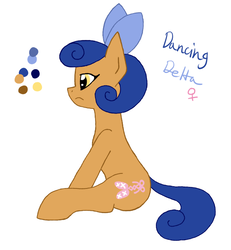 Size: 600x650 | Tagged: safe, artist:rosequartz1, oc, oc only, oc:dancing delta, earth pony, pony, bow, female, hair bow, mare, offspring, parent:apple bloom, parent:tender taps, parents:tenderbloom, reference sheet, sitting, solo