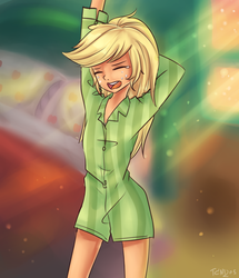 Size: 1360x1580 | Tagged: safe, artist:tcn1205, applejack, human, equestria girls, g4, bed, bedroom, clothes, crying, cute, female, freckles, humanized, jackabetes, nightshirt, pajamas, pony coloring, solo, yawn