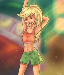Size: 1360x1580 | Tagged: safe, artist:tcn1205, applejack, human, equestria girls, g4, armpits, bed, bedroom, humanized, pony coloring, yawn