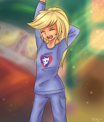 Size: 1360x1580 | Tagged: safe, artist:tcn1205, applejack, rarity, human, equestria girls, g4, bed, bedroom, clothes, female, humanized, implied lesbian, implied rarijack, implied rarity, implied shipping, pajamas, pony coloring, solo, yawn