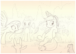 Size: 1073x758 | Tagged: safe, artist:sherwoodwhisper, applejack, fluttershy, pinkie pie, pony, raccoon, squirrel, g4, floppy ears, plunger, traditional art