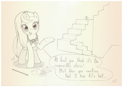 Size: 1042x742 | Tagged: safe, artist:sherwoodwhisper, oc, oc only, oc:eri, mouse, pony, unicorn, alternate tailstyle, cape, card, clothes, magic wand, monochrome, solo, stairs, traditional art