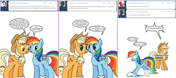 Size: 1808x800 | Tagged: safe, artist:dekomaru, applejack, rainbow dash, pony, tumblr:ask twixie, g4, ask, bucket, female, lesbian, ship:appledash, shipping, tumblr, water