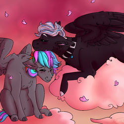 Size: 1024x1024 | Tagged: safe, artist:cinnamonsparx, oc, oc only, oc:rainbow marble, oc:silver lining, pegasus, pony, cloud, cloven hooves, sitting