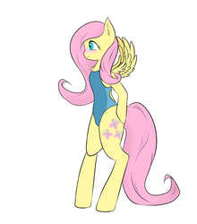 Size: 1972x2236 | Tagged: safe, artist:nero9, fluttershy, pegasus, pony, semi-anthro, g4, bipedal, blushing, chest fluff, clothes, embarrassed, female, one-piece swimsuit, simple background, solo, spread wings, swimsuit, white background, wingboner, wings