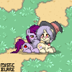 Size: 400x400 | Tagged: safe, artist:mystic blare, oc, oc only, oc:lilac hex, oc:mystic blare, earth pony, pony, unicorn, pony town, animated, blushing, choker, collar, cute, femboy, gay, gif, glasses, hat, heart, male, pixel art, shipping, trap, witch hat