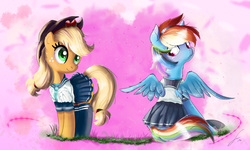 Size: 5000x3000 | Tagged: safe, artist:shogundun, applejack, rainbow dash, earth pony, pegasus, pony, g4, clothes, cowboy hat, cute, dashabetes, duo, female, hat, jackabetes, mare, rear view, school uniform, skirt, skirt lift, stetson