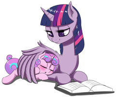 Size: 1170x938 | Tagged: safe, artist:dankflank, princess flurry heart, twilight sparkle, alicorn, pony, g4, 30 minute art challenge, aunt and niece, auntie twilight, best aunt ever, blushing, book, cute, duo, eyes closed, female, filly, flurrybetes, hug, lidded eyes, mare, no pupils, older, prone, reading, simple background, sleeping, twilight is bae, twilight sparkle (alicorn), white background, wing blanket, winghug