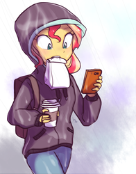 Size: 939x1200 | Tagged: safe, artist:haden-2375, sunset shimmer, human, equestria girls, g4, monday blues, my little pony equestria girls: summertime shorts, backpack, cellphone, clothes, coffee, cute, female, gradient background, hoodie, jacket, mouth hold, pants, phone, rain, shimmerbetes, simple background, smartphone, solo, walking, wide eyes