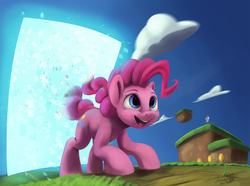 Size: 1790x1329 | Tagged: safe, artist:insanerobocat, pinkie pie, cockatrice, earth pony, pony, g4, coin, cute, diapinkes, female, happy, mare, portal, smiling, solo, video game