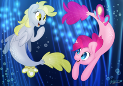Size: 4000x2800 | Tagged: safe, artist:fluffyxai, derpy hooves, pinkie pie, seapony (g4), g4, my little pony: the movie, bubble, happy, ocean, scales, seaponified, seapony derpy, seapony pinkie pie, smiling, species swap, swimming, underwater