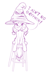 Size: 610x956 | Tagged: safe, artist:dstears, applejack, earth pony, pony, g4, annoyed, crossover, cute, female, filly, harry potter (series), hat, jackabetes, mare, monochrome, simple background, sitting, sorting hat, stool, white background, wizard hat