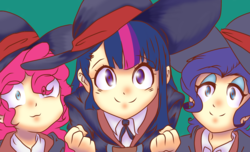 Size: 2479x1507 | Tagged: safe, artist:kenishra, pinkie pie, rarity, twilight sparkle, human, g4, :3, clothes, crossover, female, hat, human female, humanized, little witch academia, wip, witch hat