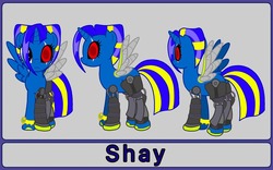 Size: 1280x798 | Tagged: safe, artist:linedraweer, oc, oc only, oc:shay, alicorn, cyborg, pony, alicorn oc, amputee, augmented, commission, female, metal, metal wing, prosthetic limb, prosthetic wing, prosthetics, quadruple amputee, red eyes, reference sheet, scar, triple amputee