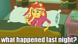 Size: 1366x768 | Tagged: safe, edit, edited screencap, screencap, sunset shimmer, equestria girls, g4, monday blues, my little pony equestria girls: summertime shorts, bed, clothes, discovery family logo, female, image macro, meme, pajamas, pillow, solo, sunset's apartment