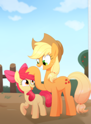 Size: 2251x3070 | Tagged: safe, artist:yaco, apple bloom, applejack, earth pony, pony, g4, female, filly, freckles, high res, looking at each other, mare, sisters, smiling, tongue out, tree