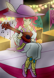 Size: 800x1160 | Tagged: safe, artist:jaro142, pinkie pie, human, g4, bard, bard pie, fantasy class, female, hat, humanized, musical instrument, one eye closed, sitting, solo, wink