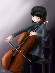 Size: 1200x1600 | Tagged: safe, artist:linlaifeng, octavia melody, human, g4, cello, clothes, female, gradient background, humanized, musical instrument, signature, solo