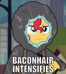 Size: 415x468 | Tagged: safe, edit, screencap, sunset shimmer, equestria girls, g4, monday blues, my little pony equestria girls: summertime shorts, :i, animated, bacon hair, clothes, cute, faic, female, gif, hoodie, image macro, meme, rain, shimmerbetes, vibrating, x intensifies