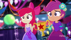 Size: 1920x1080 | Tagged: safe, screencap, apple bloom, nolan north, scootaloo, eqg summertime shorts, equestria girls, g4, raise this roof, adorable face, adorabloom, animated, apple bloom's bow, blinking, bow, cute, cutealoo, daaaaaaaaaaaw, fall formal, fall formal outfits, female, hair bow, sound, trophy, webm