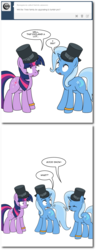 Size: 630x1646 | Tagged: safe, artist:dekomaru, trixie, twilight sparkle, pony, tumblr:ask twixie, g4, ask, female, hat, lesbian, ship:twixie, shipping, top hat, tumblr