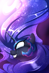 Size: 1795x2625 | Tagged: safe, artist:madacon, nightmare moon, pony, g4, color porn, crying, female, helmet, long mane, mare, smiling, solo