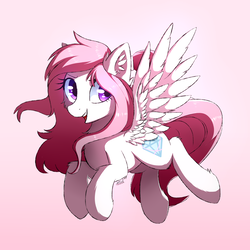 Size: 2000x2000 | Tagged: safe, artist:morningbullet, oc, oc only, pegasus, pony, ear fluff, female, flying, gradient background, high res, mare, open mouth, pink background, pink mane, purple eyes, signature, smiling, solo, white coat